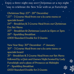 Promotional poster for Christmas and New Year stays at Furzeleigh Mill, featuring festive details and package descriptions.