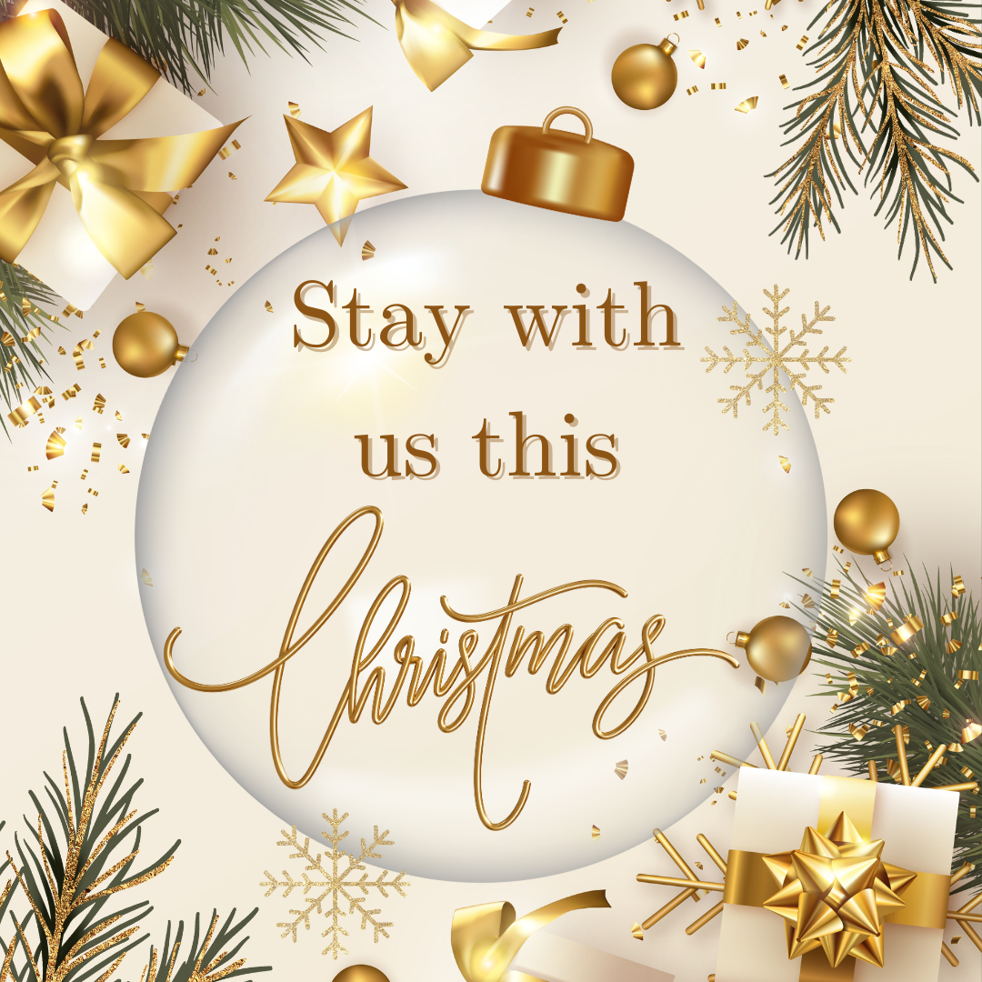 Festive Christmas ornament with golden decorations and the message 'Stay with us this Christmas'.