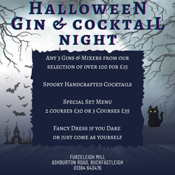 Halloween Gin & Cocktail night event flyer with details about drinks, menu, and fancy dress at Furzeleigh Mill.