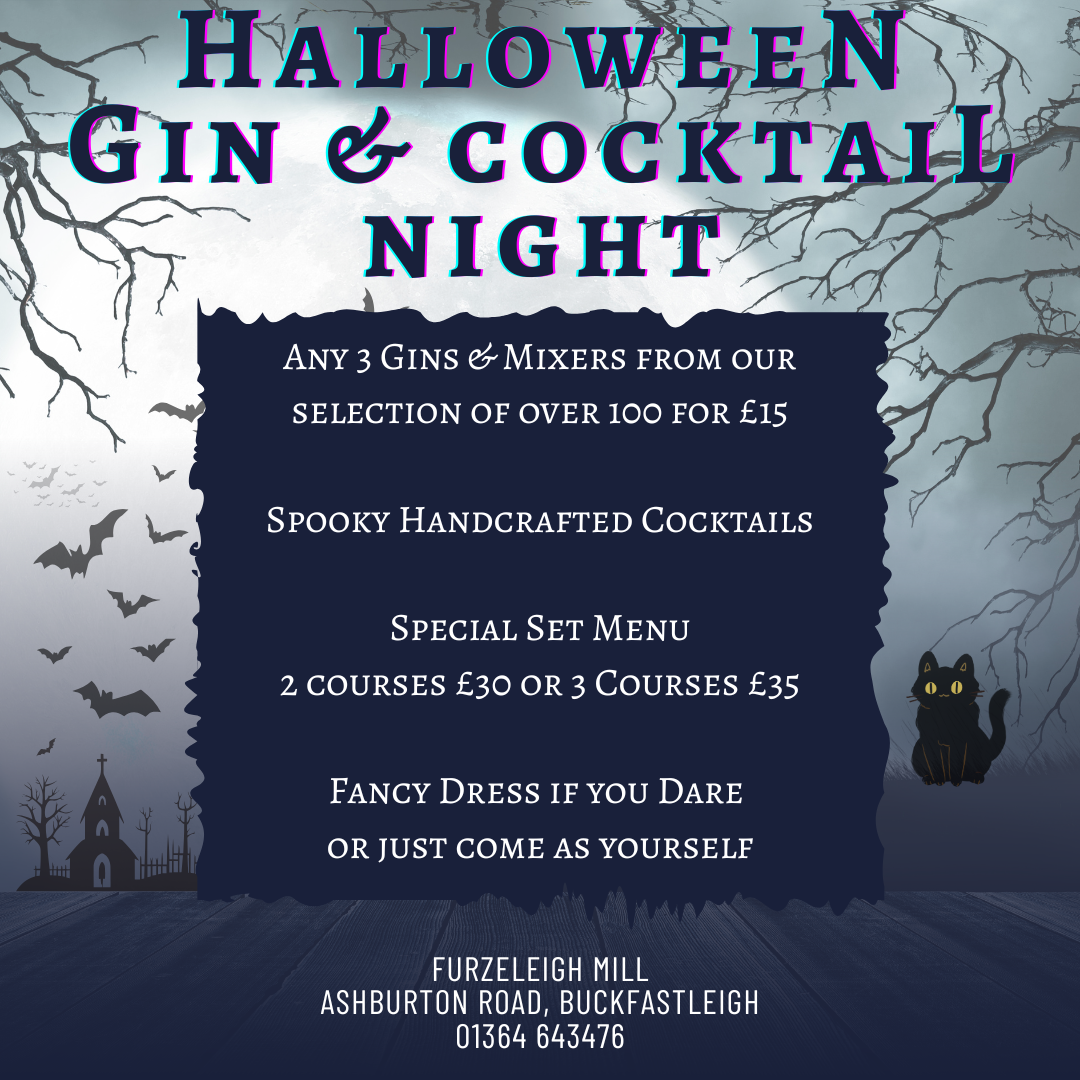 Halloween Gin & Cocktail night event flyer with details about drinks, menu, and fancy dress at Furzeleigh Mill.