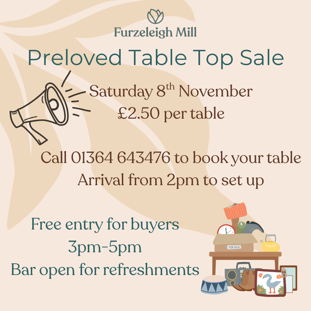 Preloved Table Top Sale event poster with details about date, time, cost, and contact, plus illustrations of items on a table.