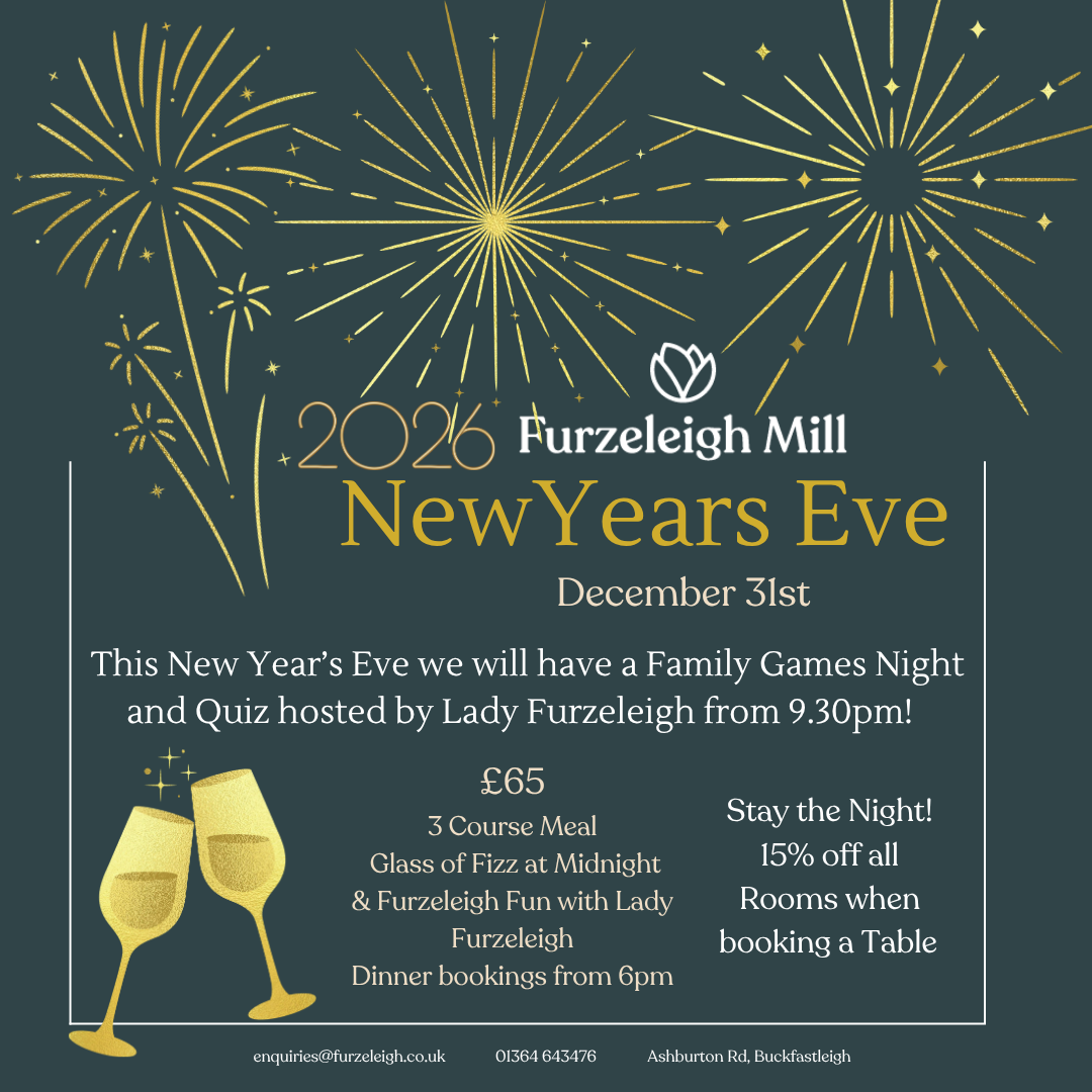 Furzeleigh Mill 2026 New Year's Eve event flyer with fireworks, event details, and two champagne glasses.