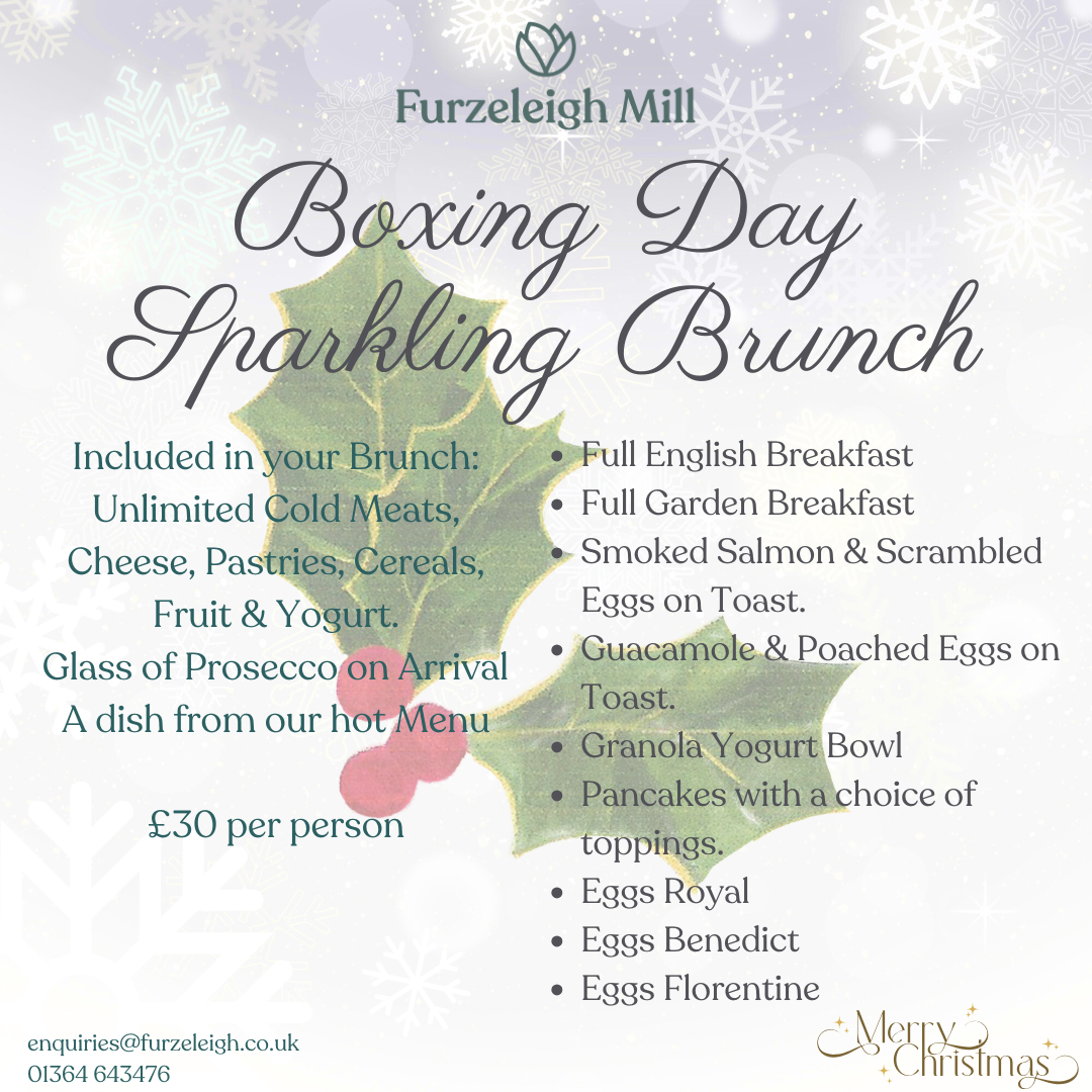 Boxing Day Sparkling Brunch event flyer for Furzeleigh Mill, featuring holly leaves and snowflakes with brunch menu details.