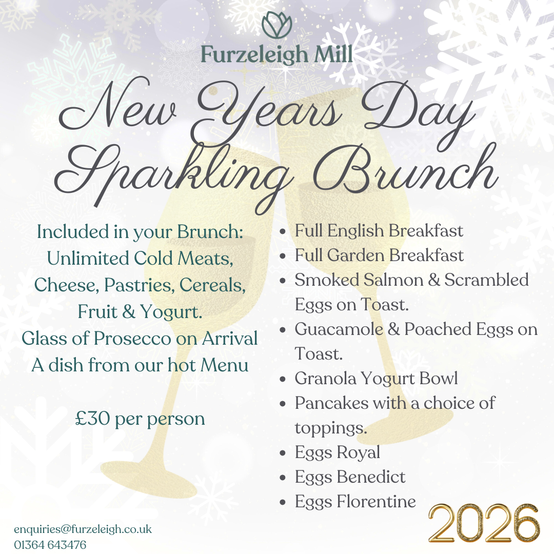Furzeleigh Mill New Years Day Sparkling Brunch event poster with menu details and pricing.