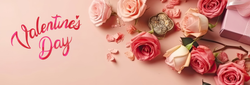 Valentine's Day text with pink and cream roses, rose petals, chocolate box, and a pink gift box on a soft pink background.