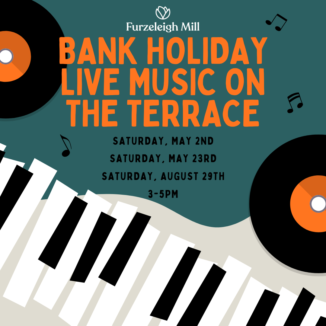 Bank Holiday Live Music on the Terrace event poster with piano keys, vinyl records, and musical notes.