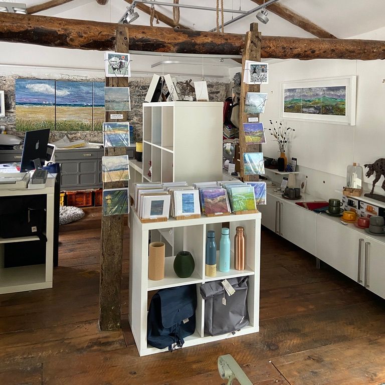 Interior of a small boutique or gallery with wooden beams, modern display shelves, art prints, greeting cards, water bottles, and pottery on display.