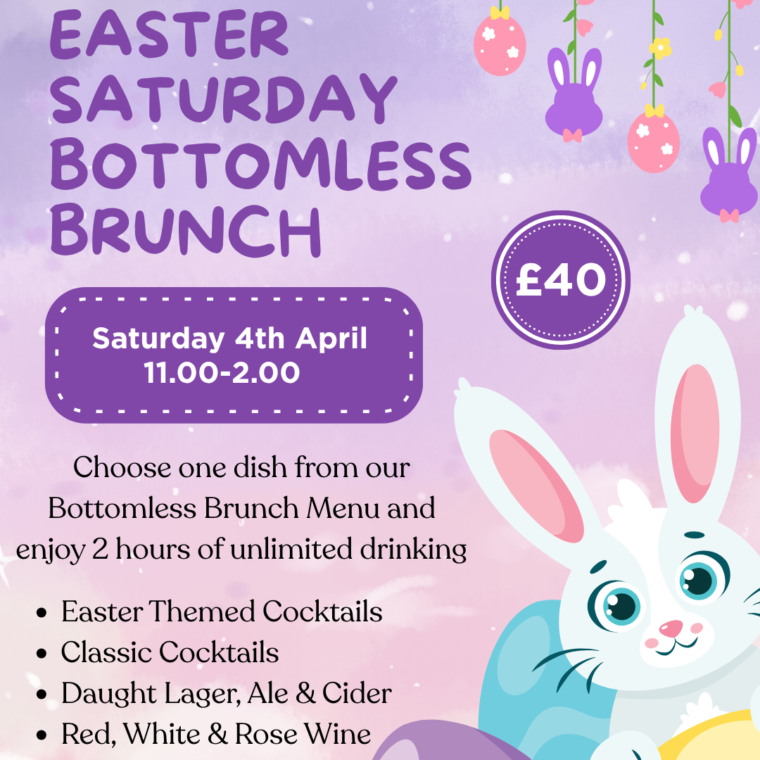 Easter Saturday bottomless brunch poster with Easter eggs, bunny, and event details.