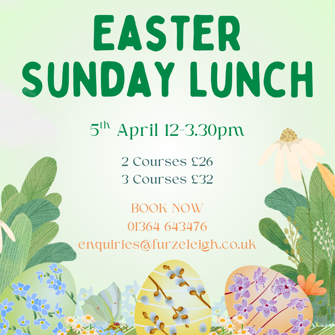 Easter Sunday Lunch event poster for Furzeleigh Mill with floral decorations and Easter eggs.