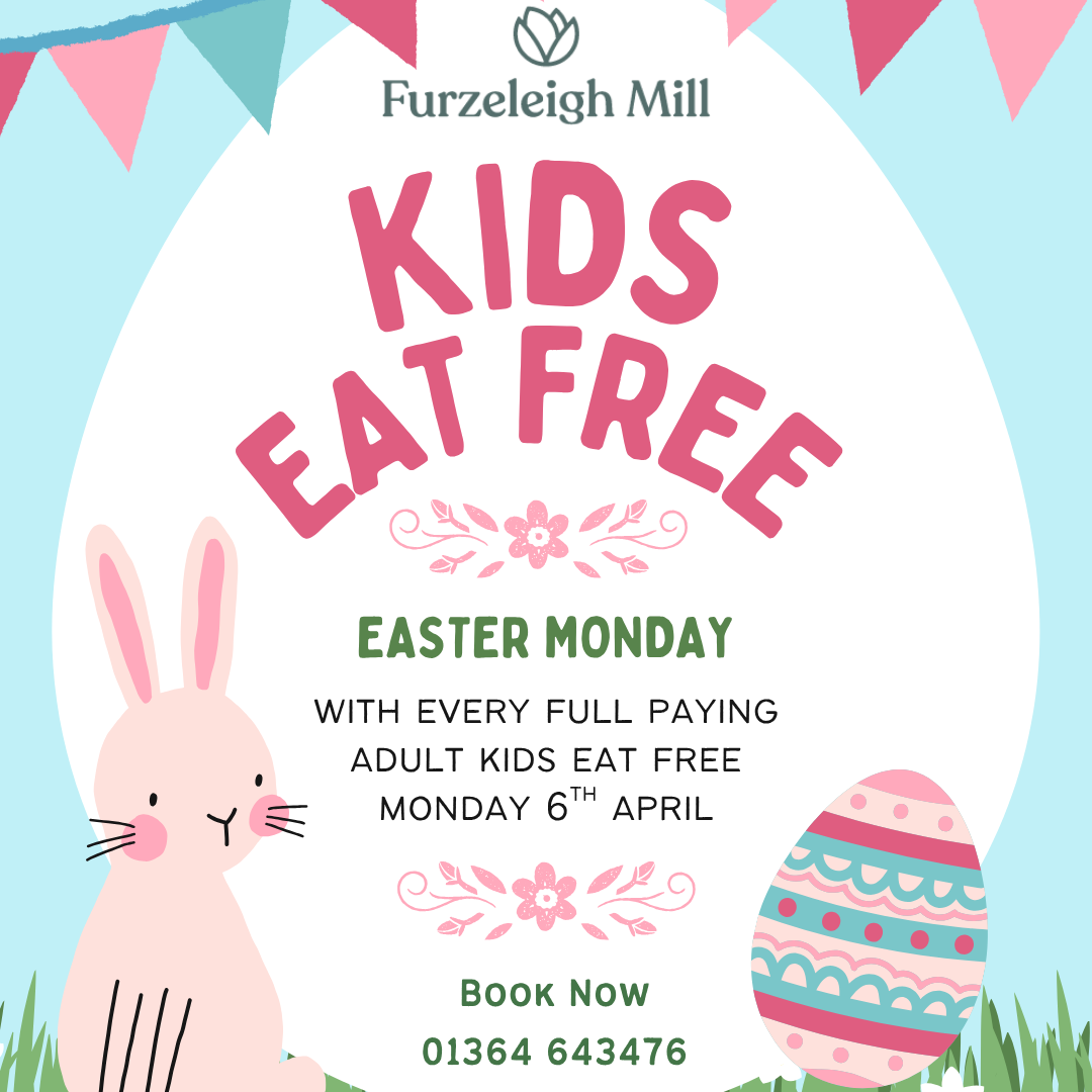 Furzeleigh Mill Kids Eat Free Easter Monday promotion with a pink bunny and decorated Easter egg.
