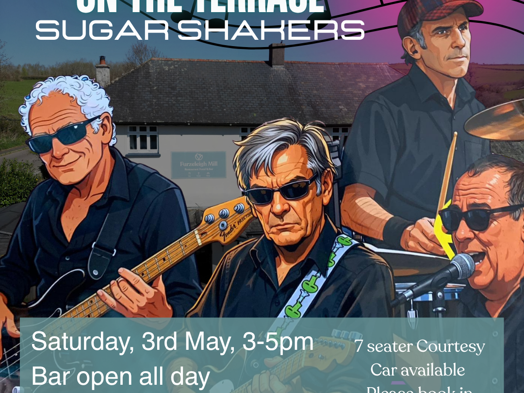 Poster for live music on the terrace featuring the Sugar Shakers at Furzeleigh Mill, with illustrated band members playing instruments.