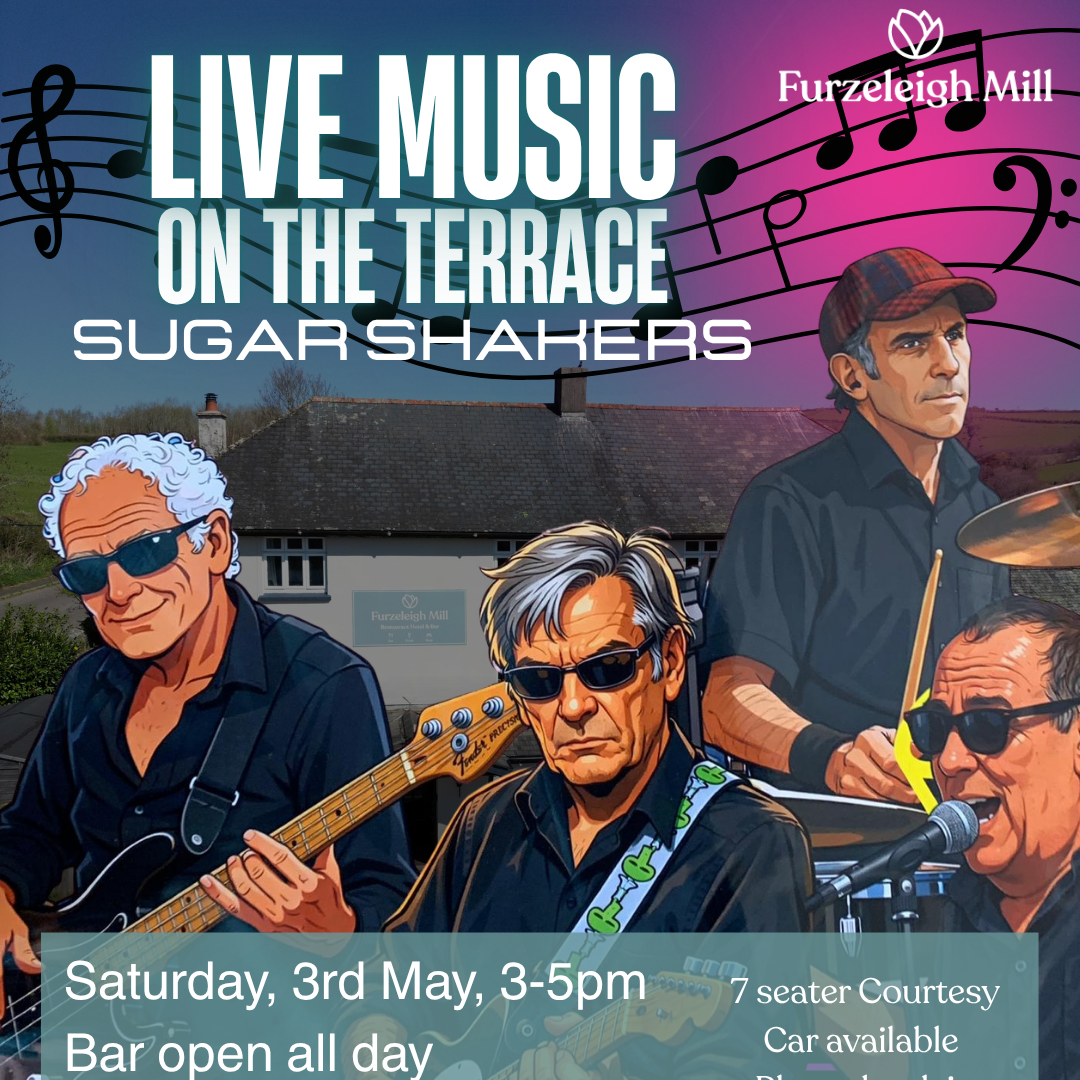 Poster for live music on the terrace featuring the Sugar Shakers at Furzeleigh Mill, with illustrated band members playing instruments.