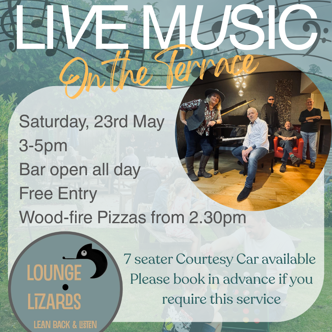 Poster for live music event at Furzeleigh Mill, featuring Lounge Lizards band, with event details and contact information.