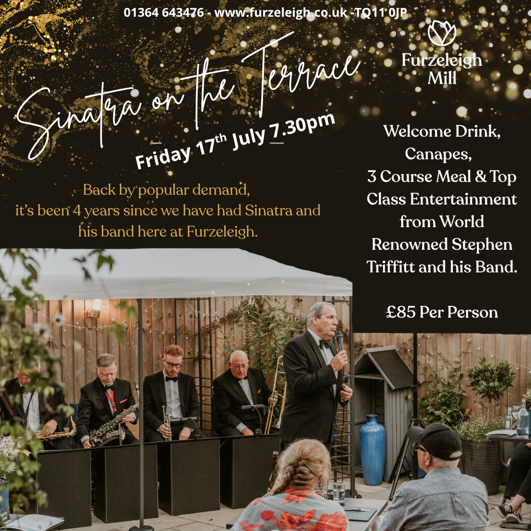 Event flyer for 'Sinatra on the Terrace' featuring Stephen Triffitt and his band performing at Furzeleigh Mill with event details and a photo of the band performing outdoors.