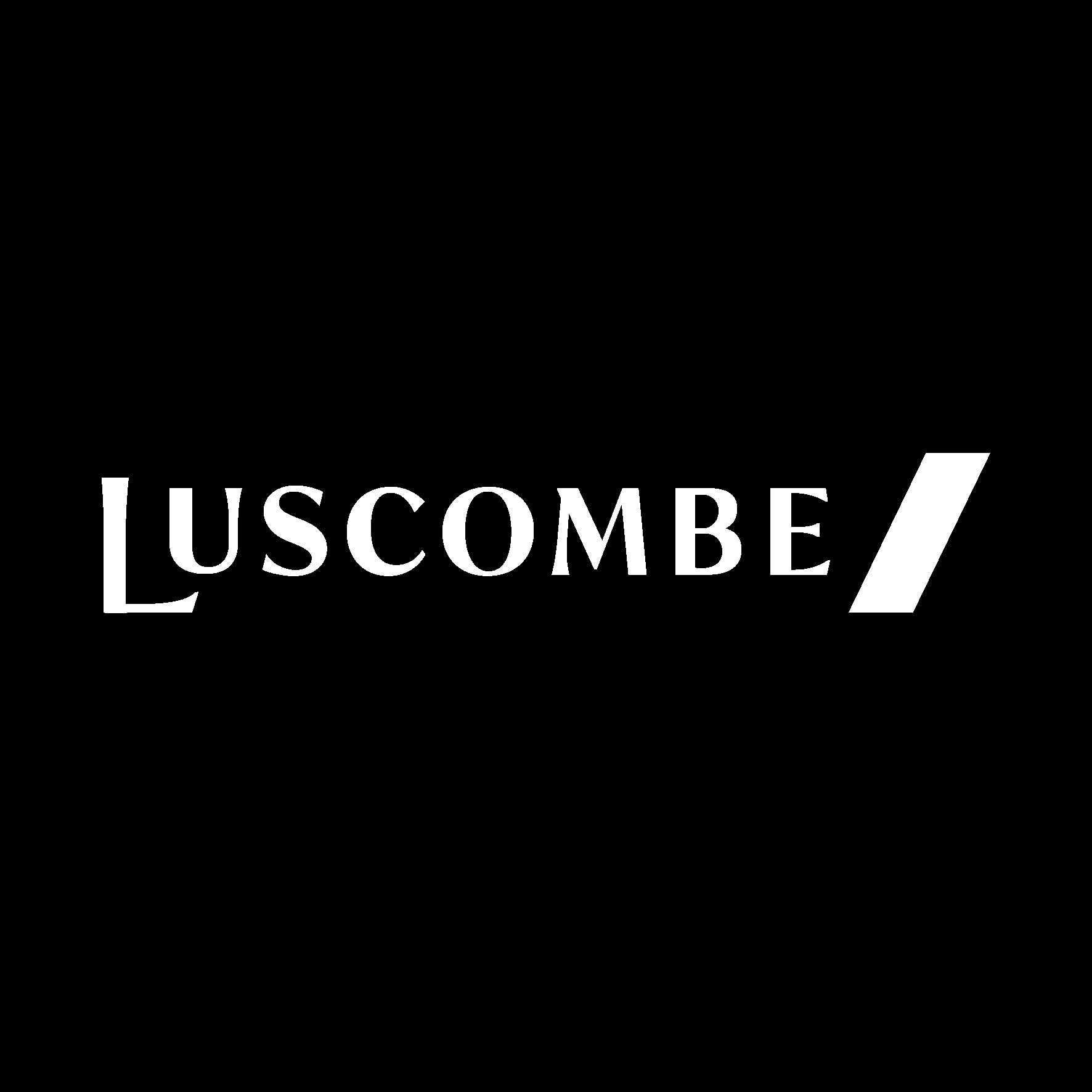 LUSCOMBE logo with a white forward slash on a black background