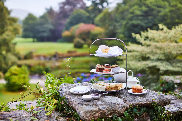 Afternoon tea outside with view of gardens