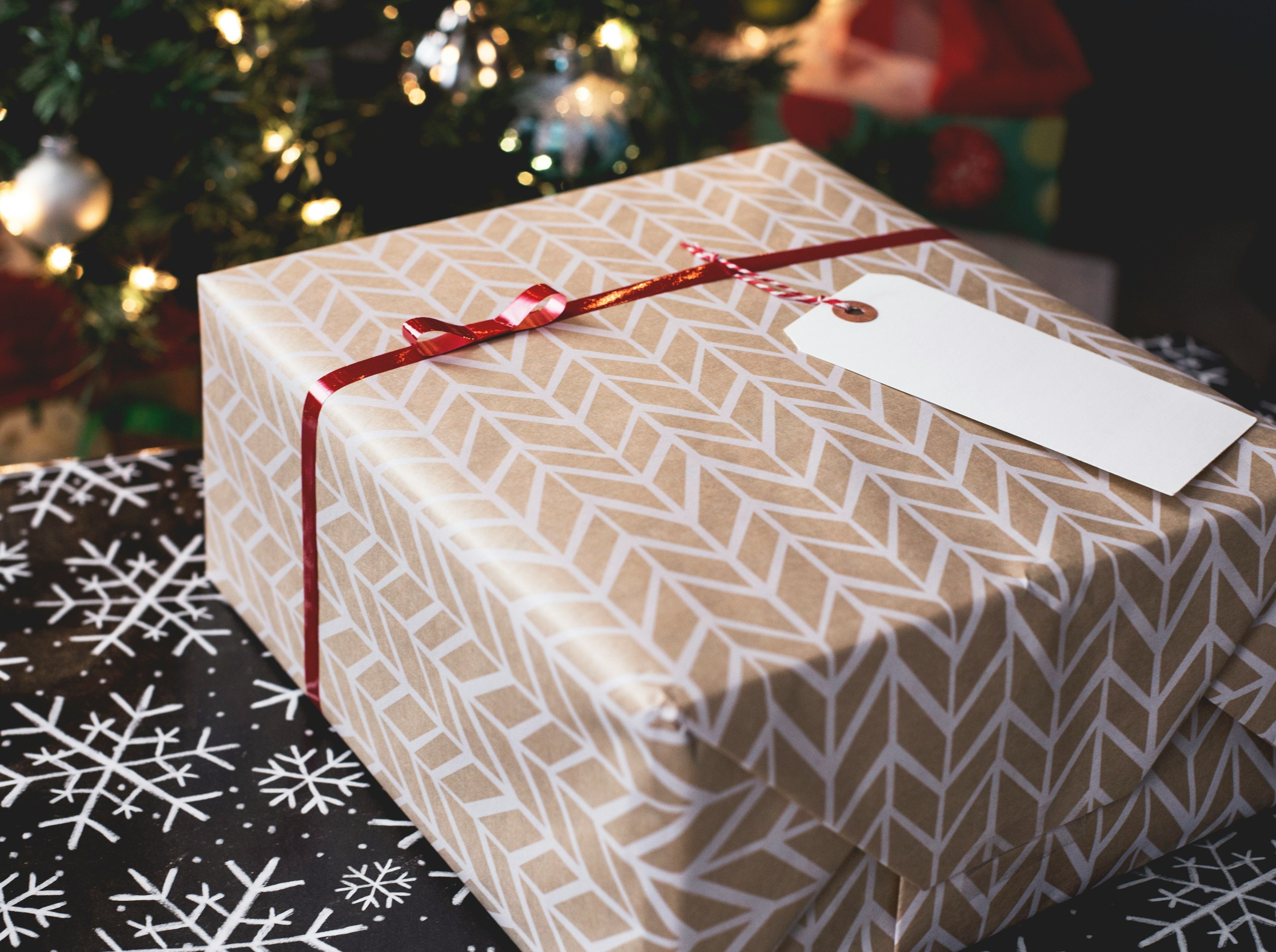 Christmas present wrapped by tree