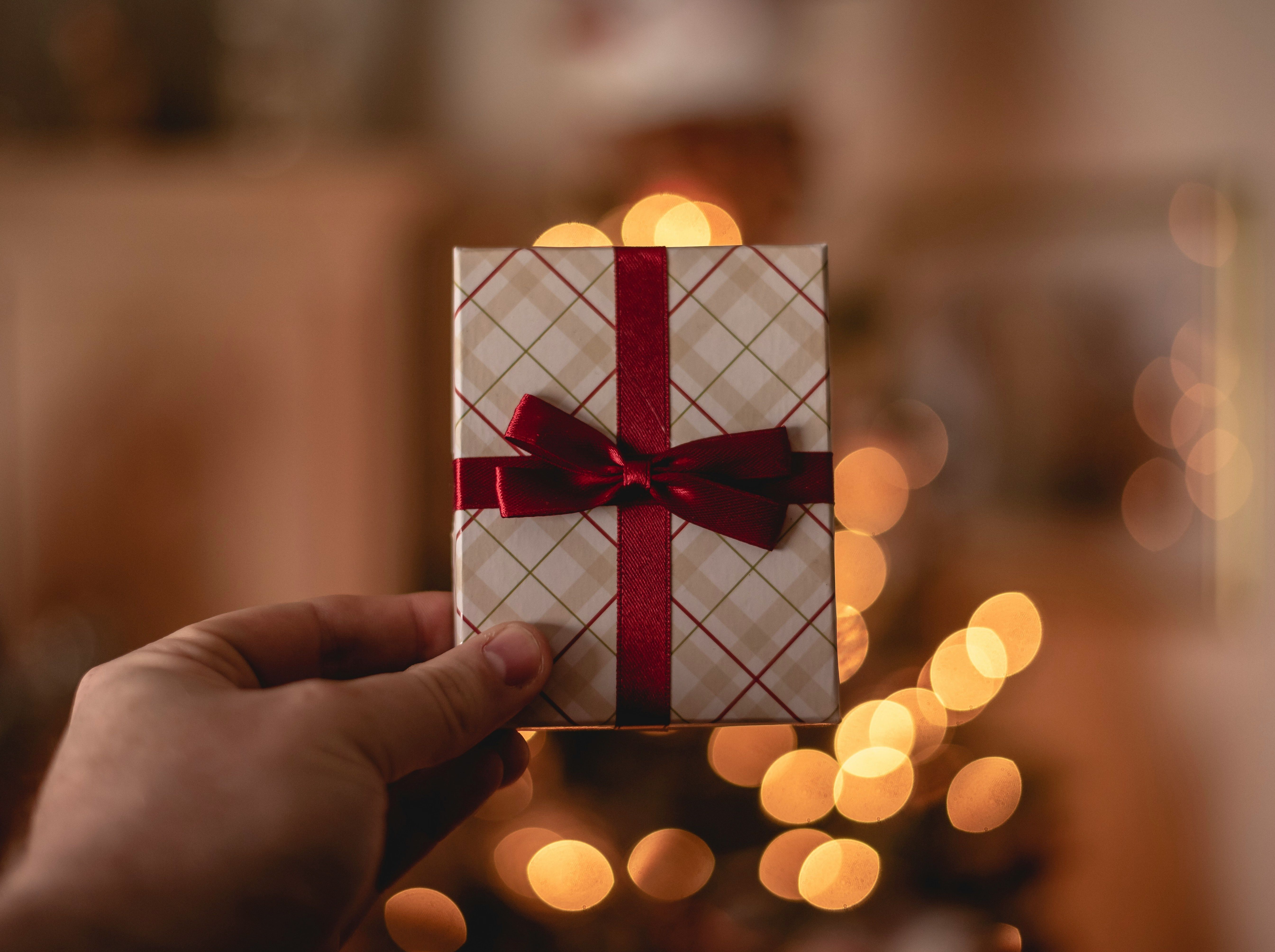 Person holding up wrapped present