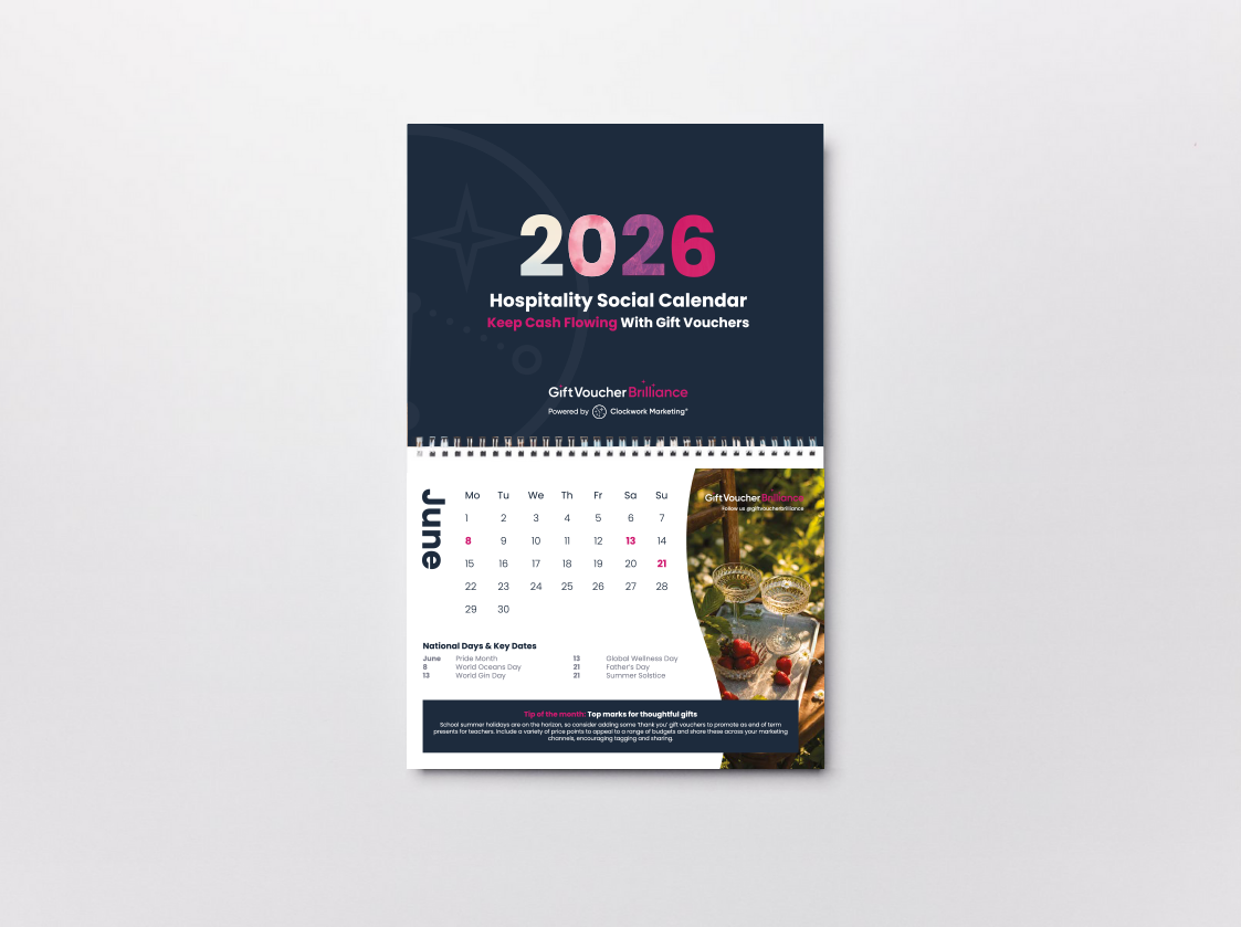 Image of a hospitality marketing calendar open on June 2026