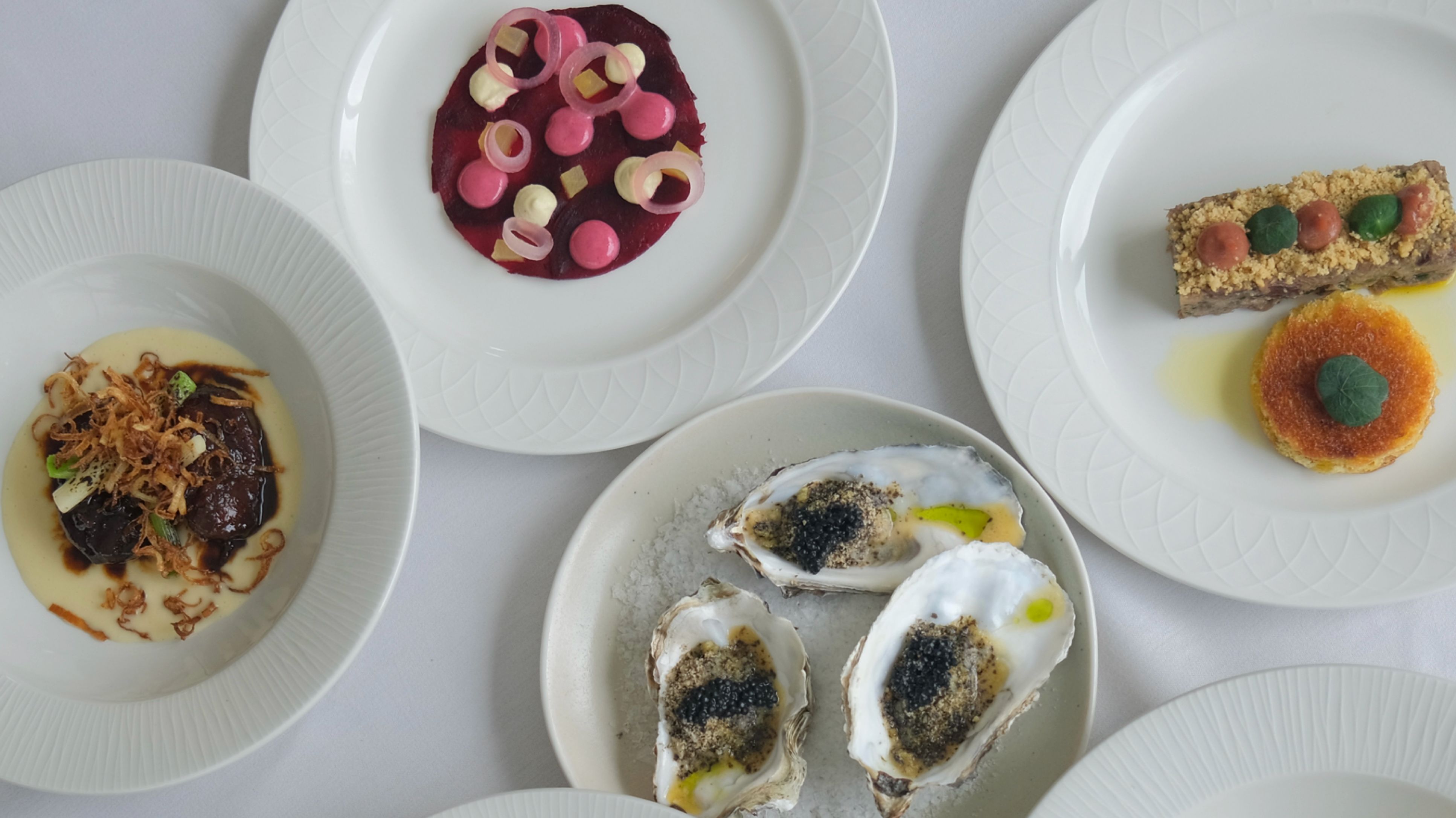 An assortment of gourmet dishes served on white plates, artistically arranged on a white tablecloth.