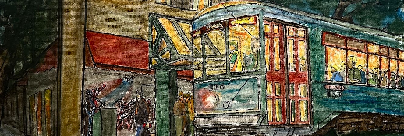 Painting of a New Orleans streetcar at night, with people inside and a building in the background.