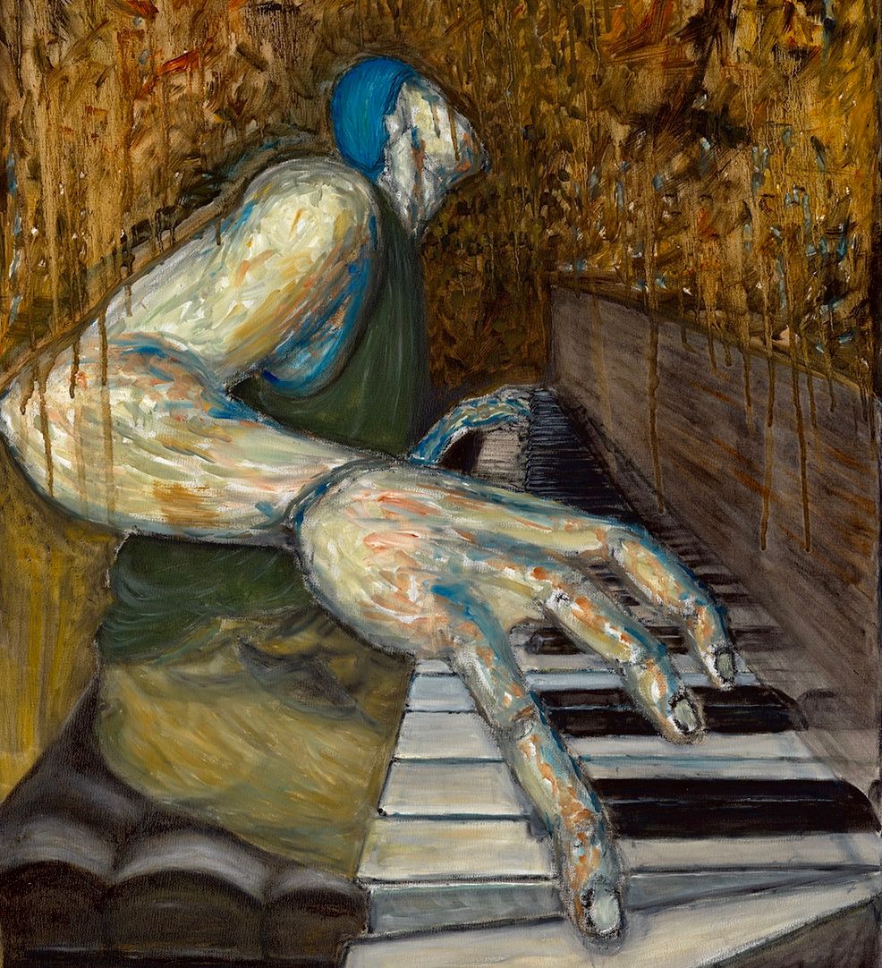 Expressionist painting of a person with exaggerated arms and hands playing a piano.