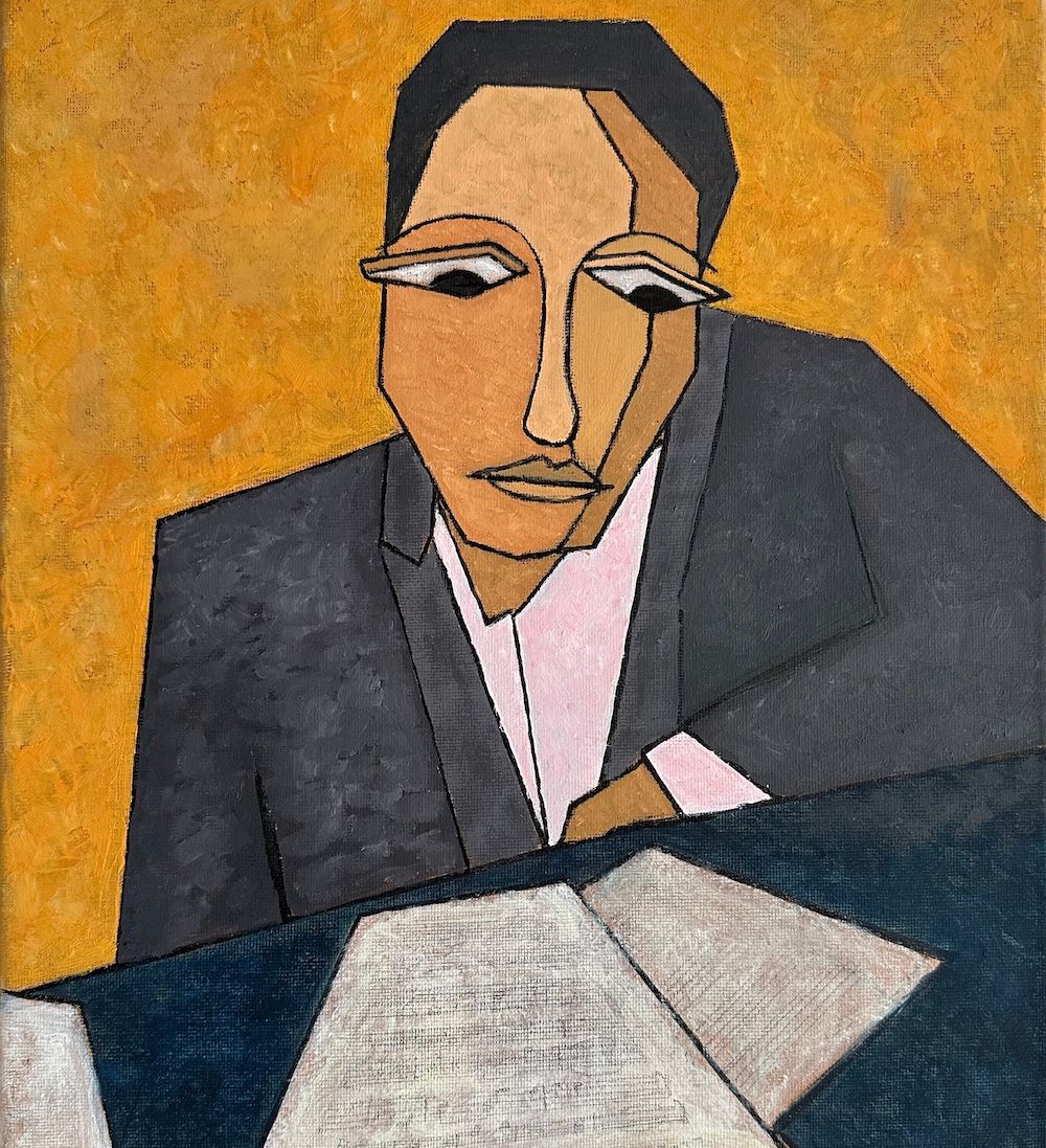 Cubist-style painting of a person in a suit looking at several sheets of paper on a table, set against a textured orange background.