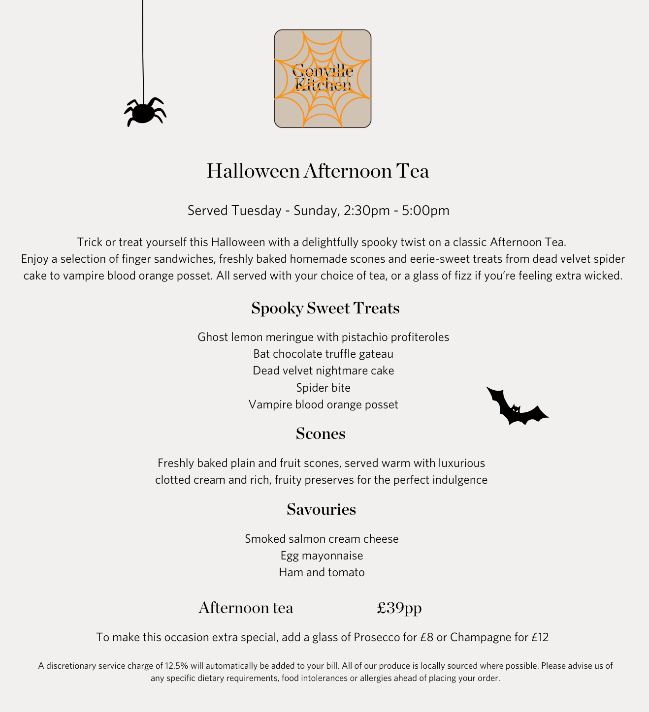 Halloween-themed afternoon tea menu with spooky treats, scones, and savouries listed, alongside themed graphics of a spider and bat.