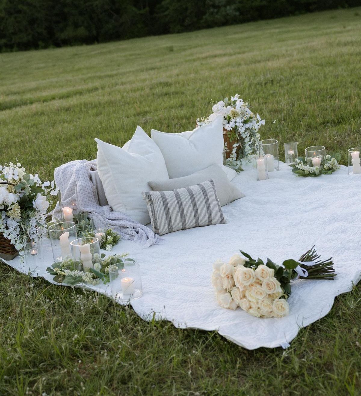 Romantic picnic setup on a blanket with pillows, candles, flowers, and a bouquet of white roses in a grassy field