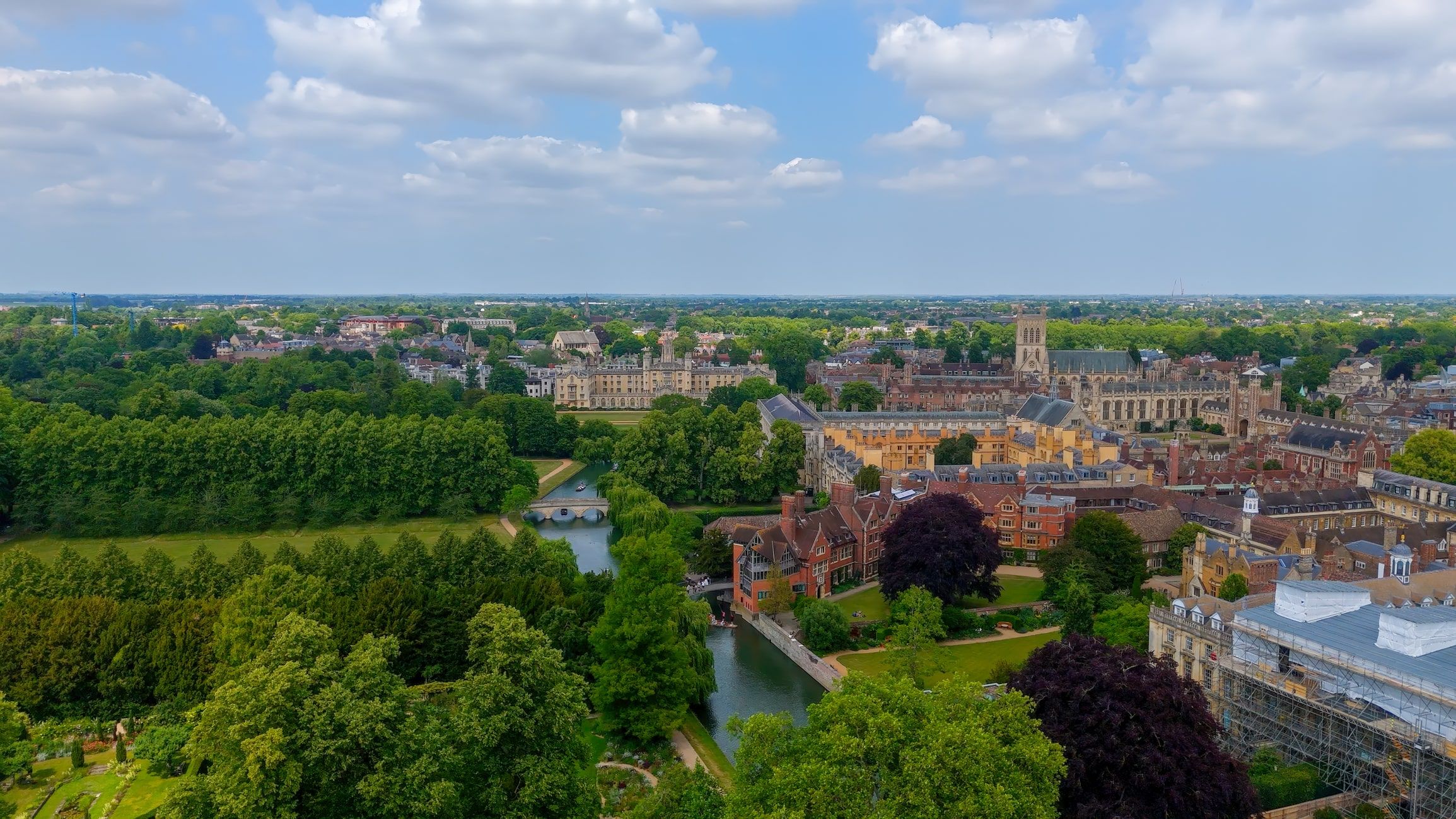 Aerial view of Cambridge University with historic college buildings, the River Cam, and lush green trees under a partly cloudy sky.