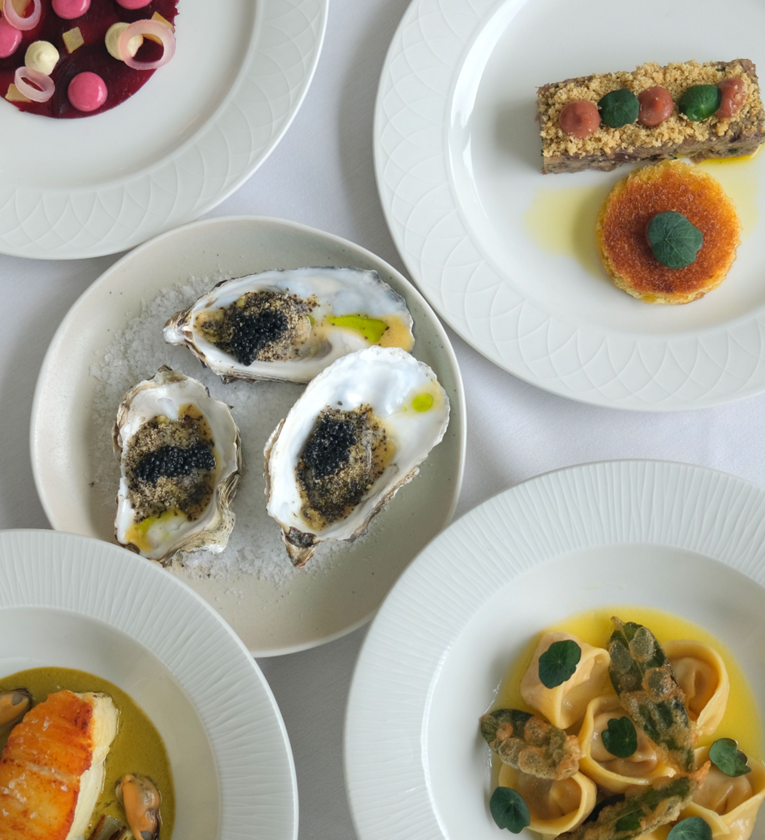 An assortment of six elegant small plates, including oysters, pasta, and seafood, artfully presented at The Gonville Kitchen in Cambridge.