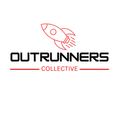 Logo featuring a red outline of a rocket above the word 'OUTRUNNERS' with 'COLLECTIVE' in red below and two red lines on either side.