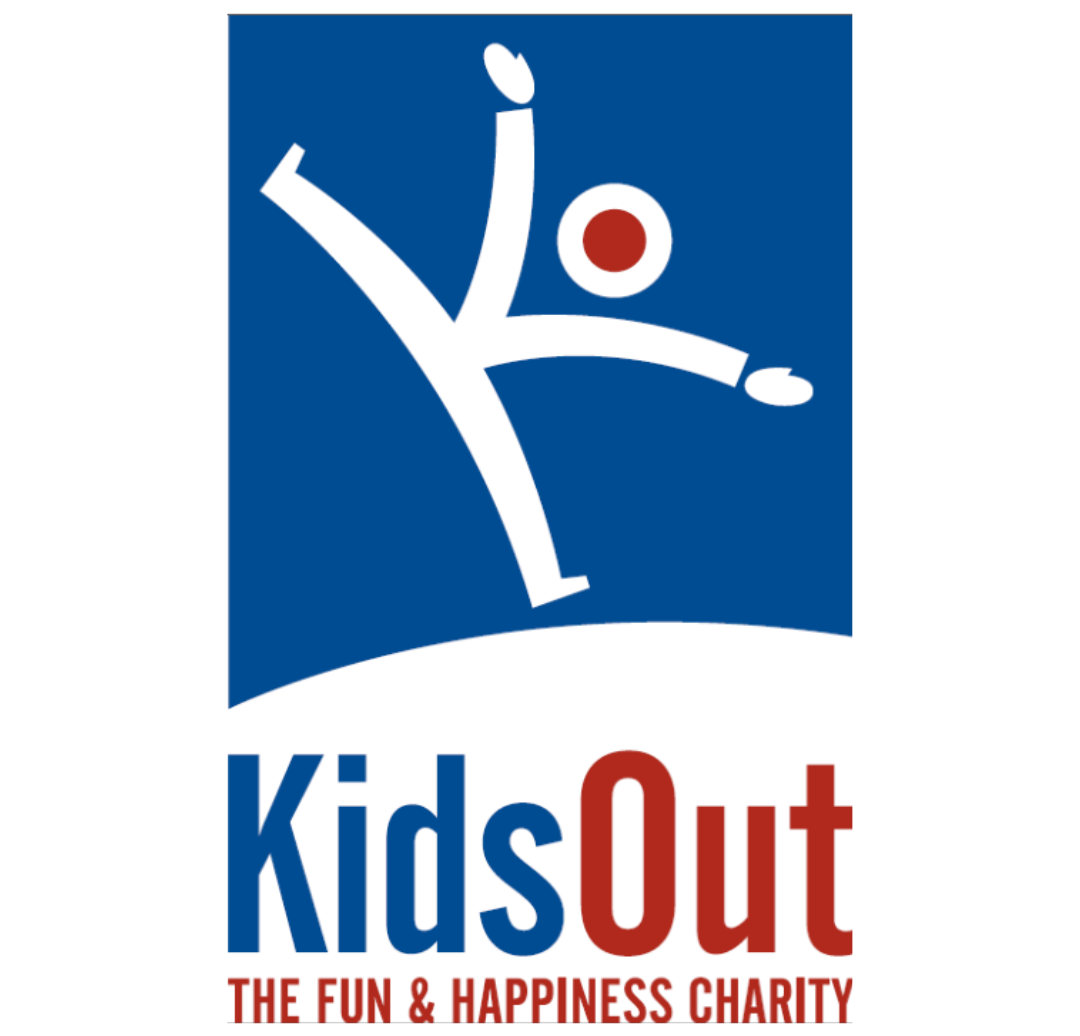KidsOut logo with a stylized figure and the text 'KidsOut The Fun & Happiness Charity'.