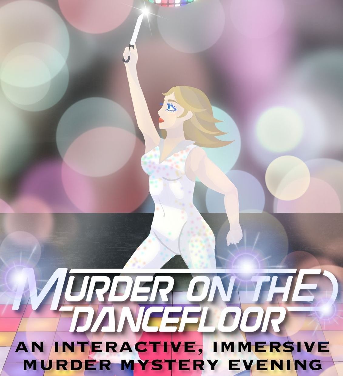 Illustrated poster of a woman in a white disco outfit holding a knife up towards a mirrored disco ball above a lit dancefloor, with the title “Murder on the Dancefloor”.