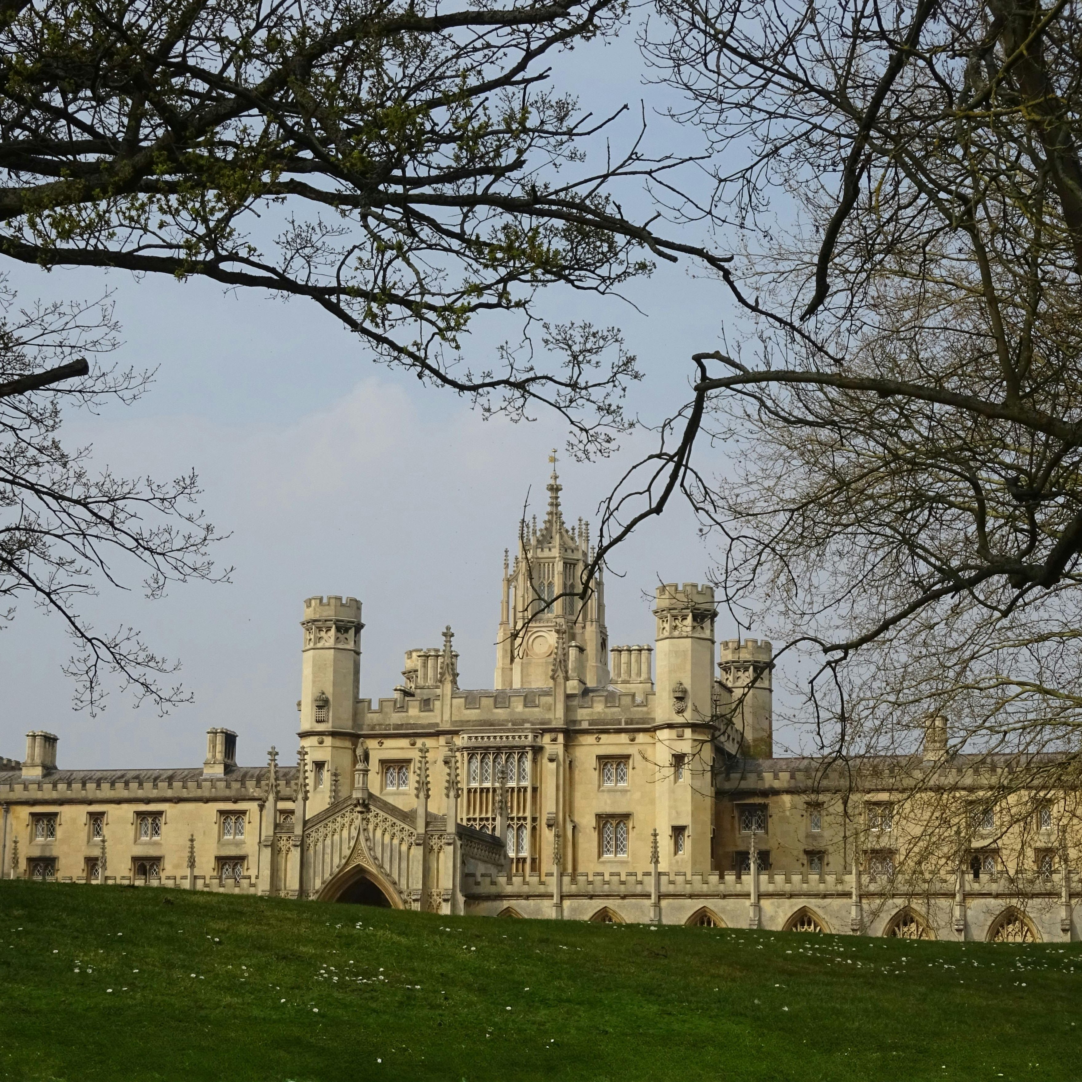 Historic Gothic-style college building with tall towers and arched windows, framed by leafless trees and a grassy lawn under a pale blue sky.