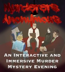 Poster for RAW Theatre Productions' Murderers Anonymous interactive and immersive murder mystery evening, featuring illustrated characters sitting in a circle.
