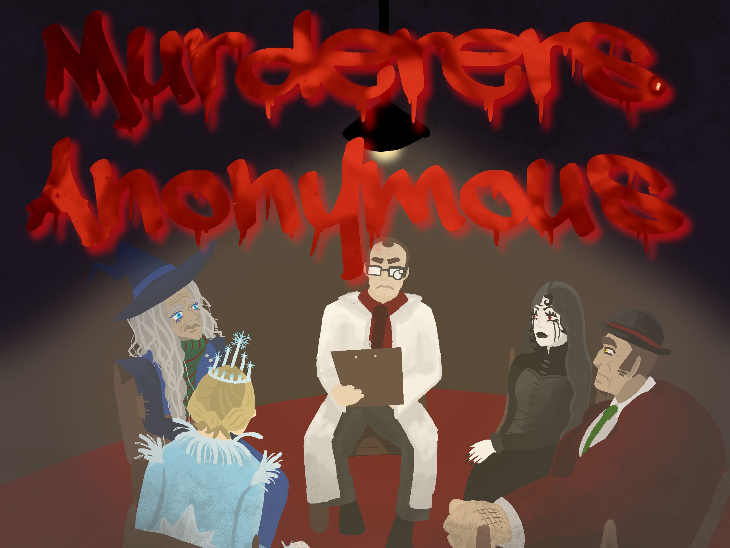 Poster for RAW Theatre Productions' Murderers Anonymous interactive and immersive murder mystery evening, featuring illustrated characters sitting in a circle.