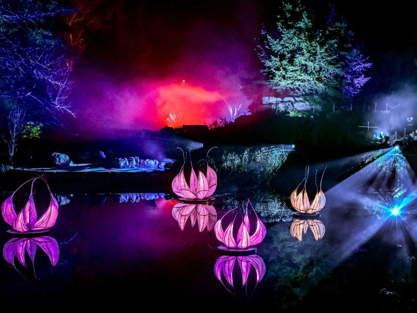 Colorful illuminated lotus flower sculptures floating on water at night, with dramatic lighting and fog effects in the background.