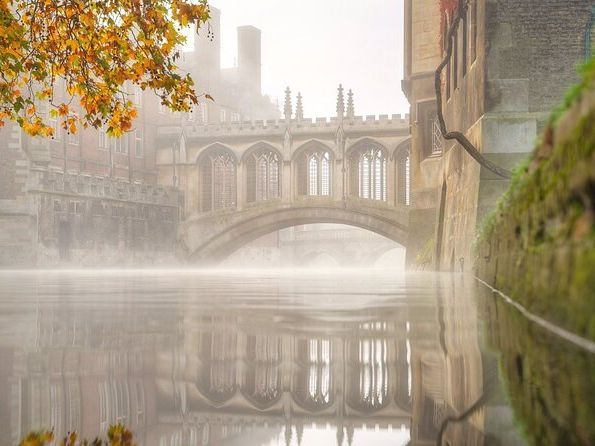 A misty scene of an arched stone bridge with gothic windows, reflected in a calm river, with autumn leaves in the corner.