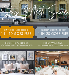 Stay Meet Save hotel promotion offering free delegate and group room deals with images of hotel exterior, bedroom, and dining setup.