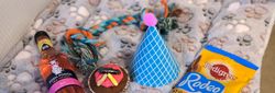 Dog birthday items including a bottle of dog wine, cupcake, rope toy, party hat, and Pedigree Rodeo treats on a paw-print blanket