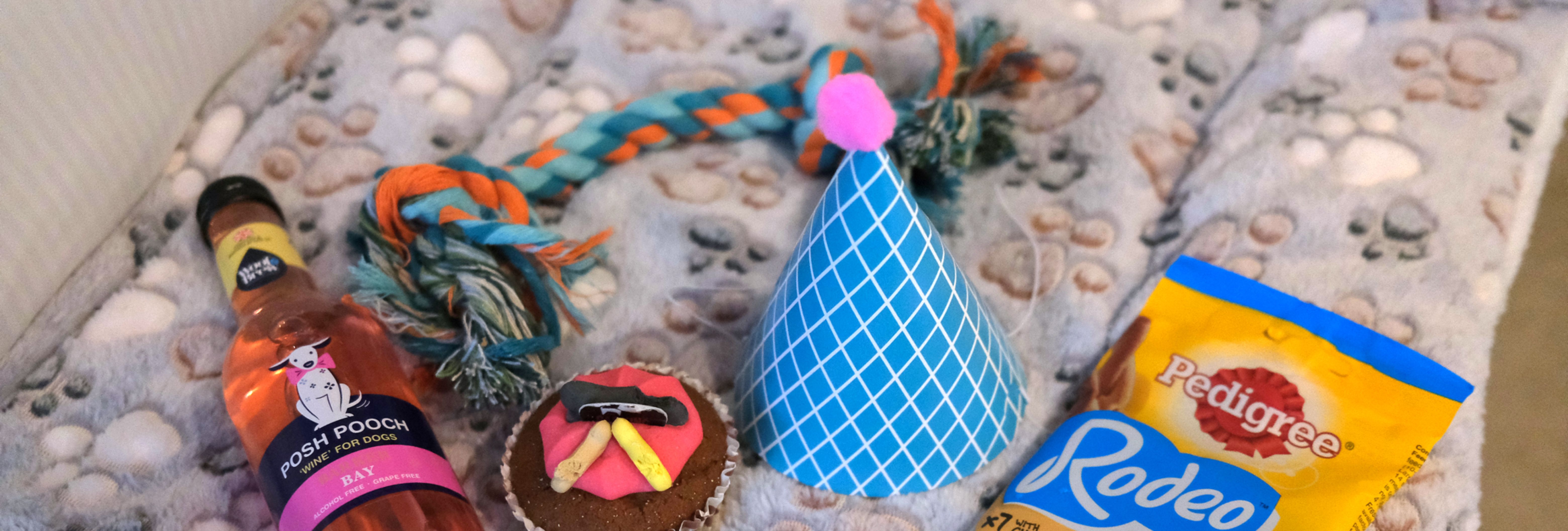 Dog birthday items including a bottle of dog wine, cupcake, rope toy, party hat, and Pedigree Rodeo treats on a paw-print blanket