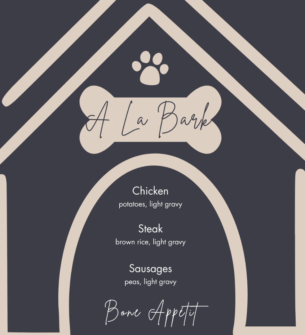 Dog house-themed menu titled A La Bark featuring dog food options