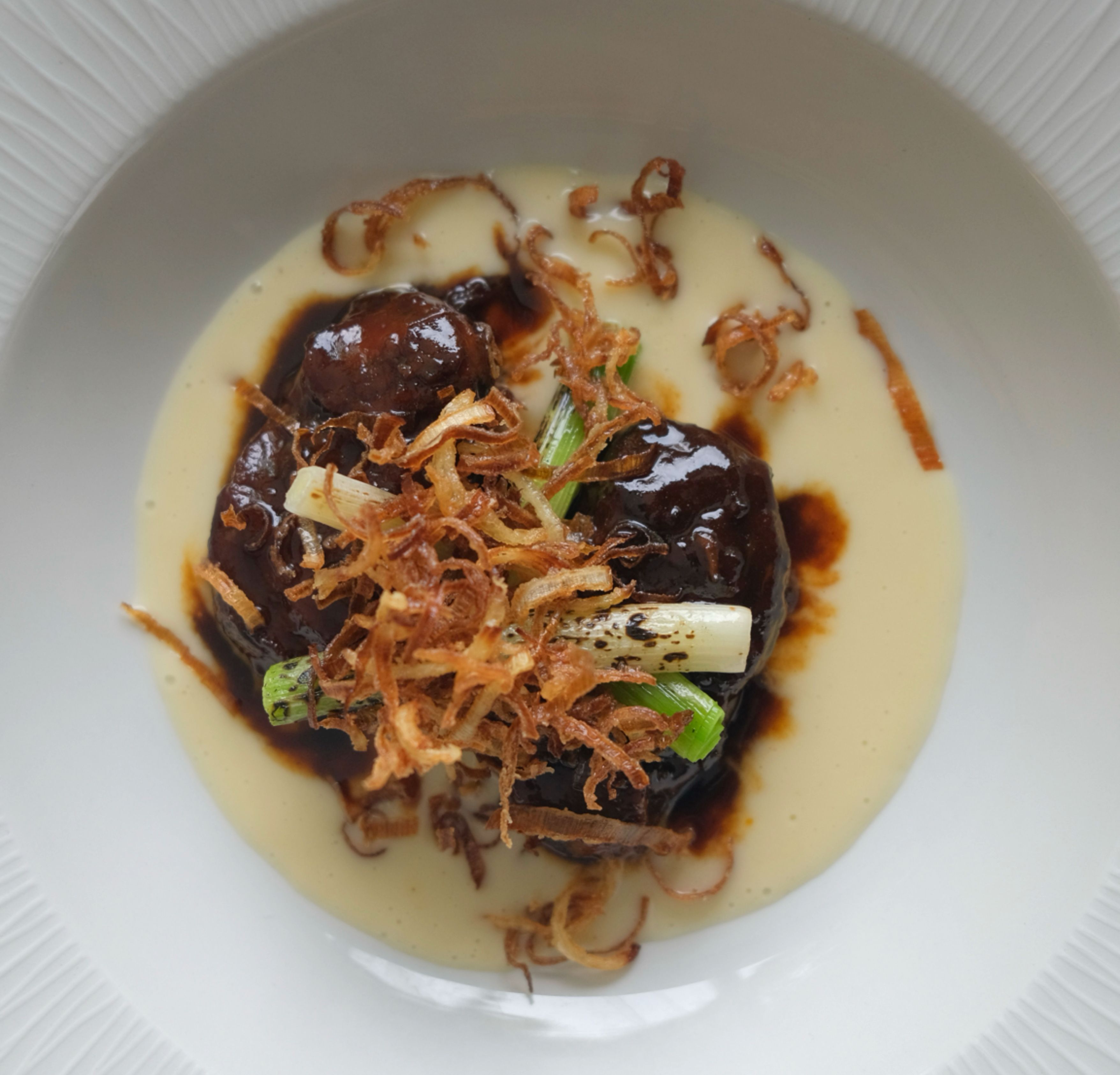 Gourmet dish with meat in dark sauce, creamy puree, and crispy fried onions on a white plate