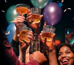 Group of people raising glasses in a toast at a festive party with balloons and confetti in the background, celebrating together.
