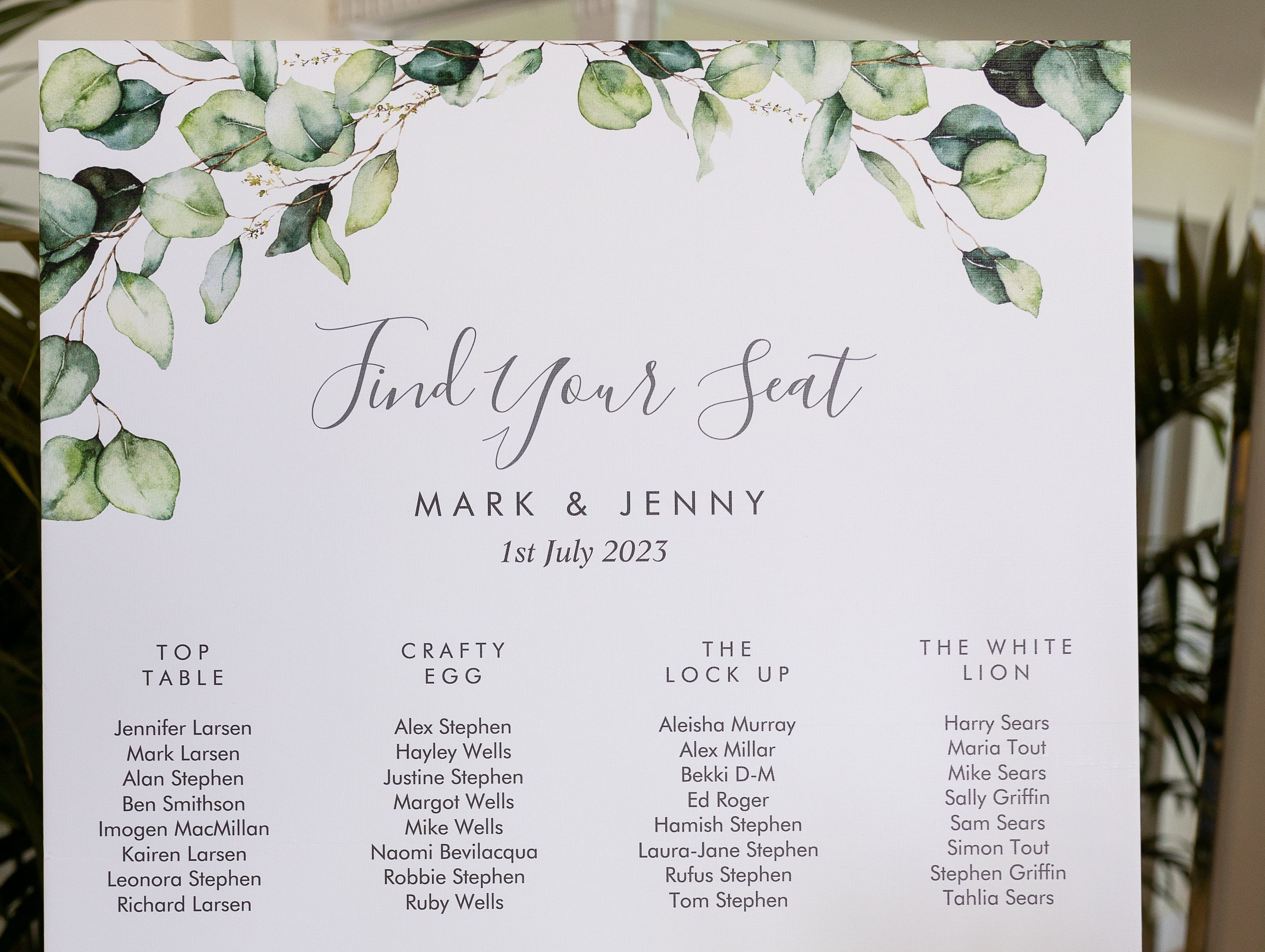Wedding seating plan for Mark and Jenny dated 1st July 2023 with table names and guest lists.