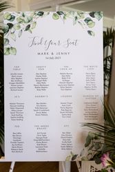 Wedding seating plan for Mark and Jenny dated 1st July 2023 with table names and guest lists.