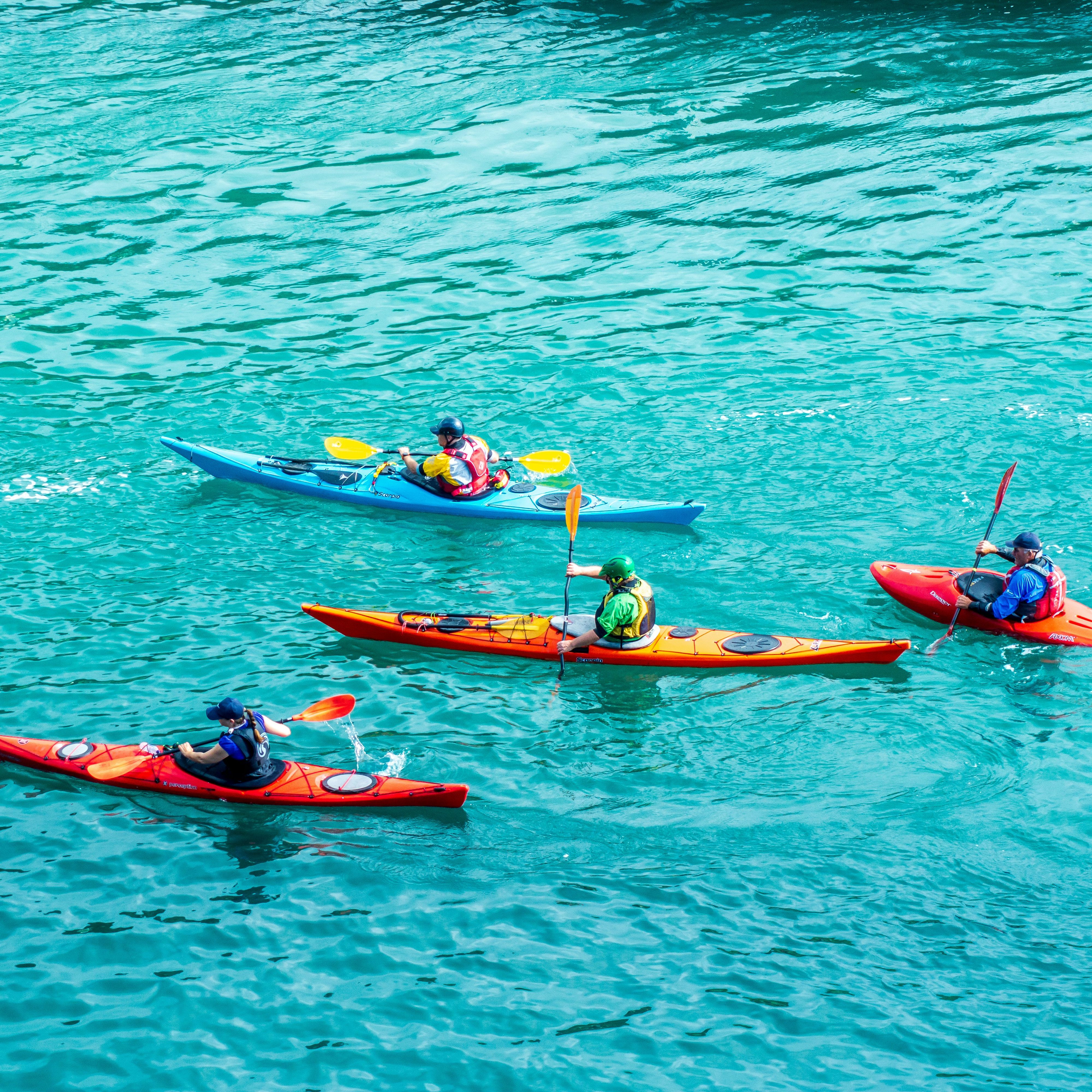 Four people kayaking on bright blue water