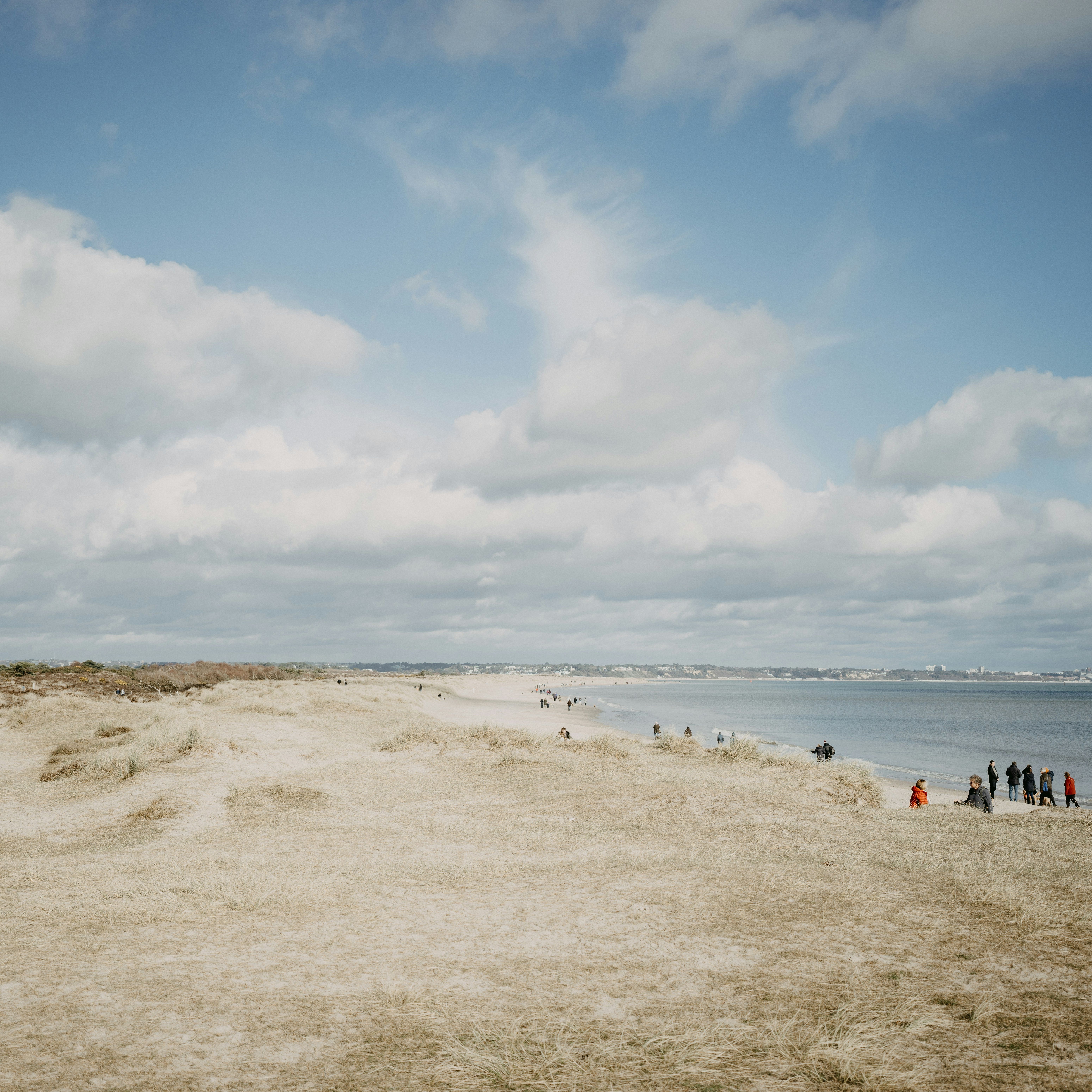 People walking along a sandy beach with grassy dunes under a cloudy sky.