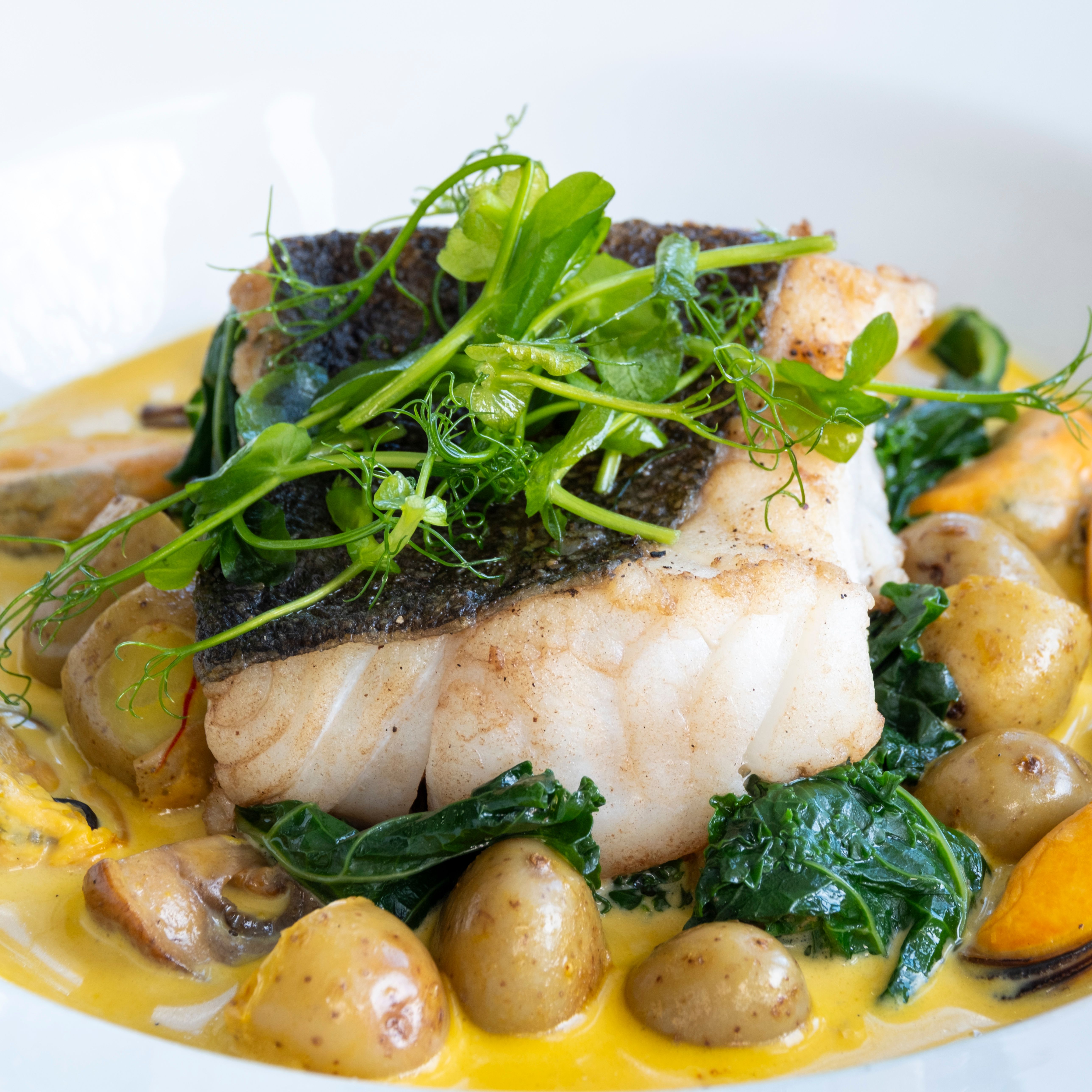 Gourmet dish featuring a piece of seared fish with crispy skin, served on a bed of greens, baby potatoes, mussels, and mushrooms in a creamy yellow sauce, garnished with fresh microgreens.